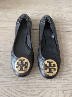 Tory Burch Black Leather Flats with Gold Logo Medallion